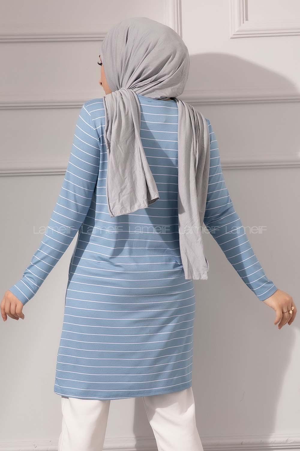 Modalamelif Bisiklet yaka Çizgili Tunik Açık Mavi