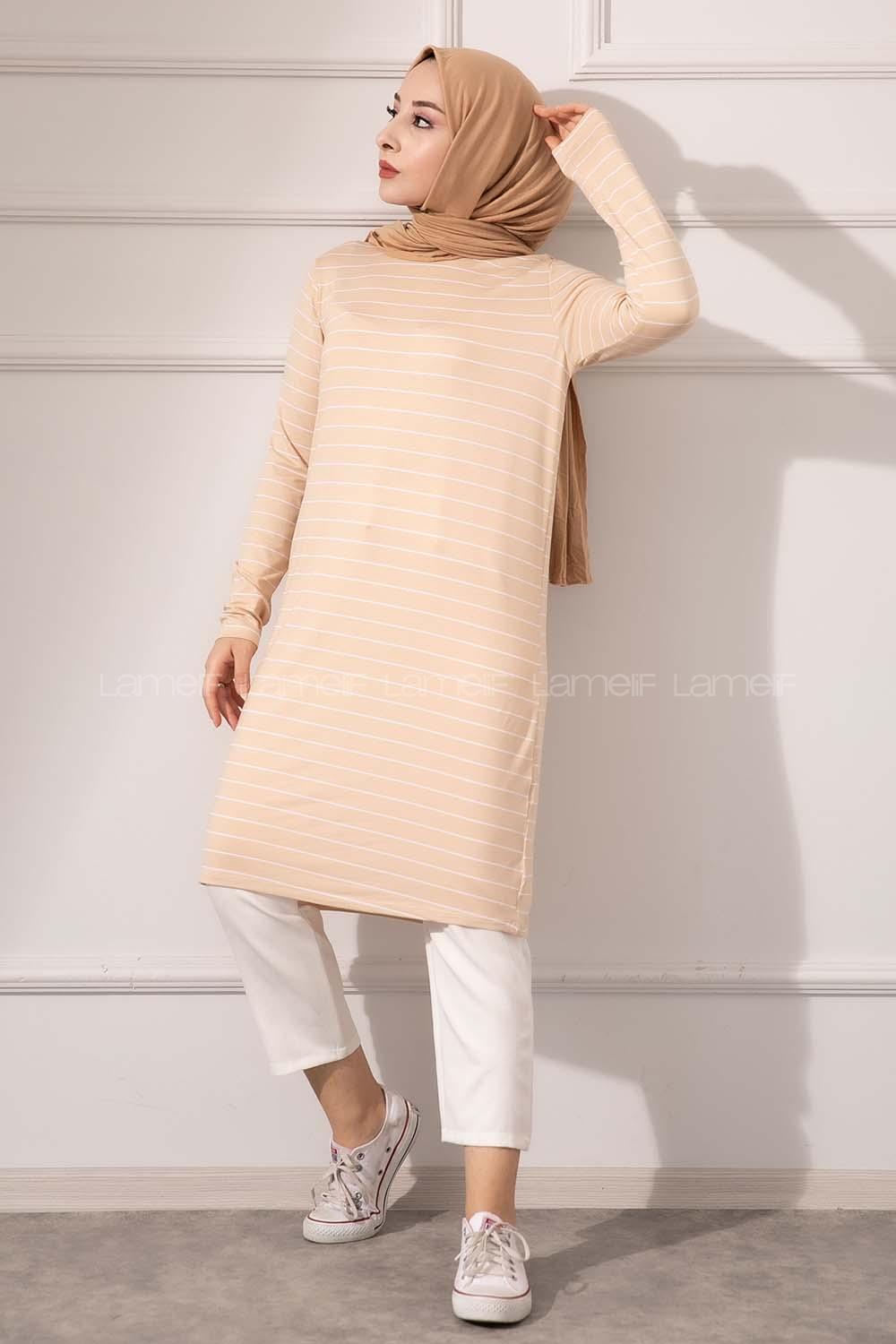 Modalamelif Bisiklet yaka Çizgili Tunik Bej