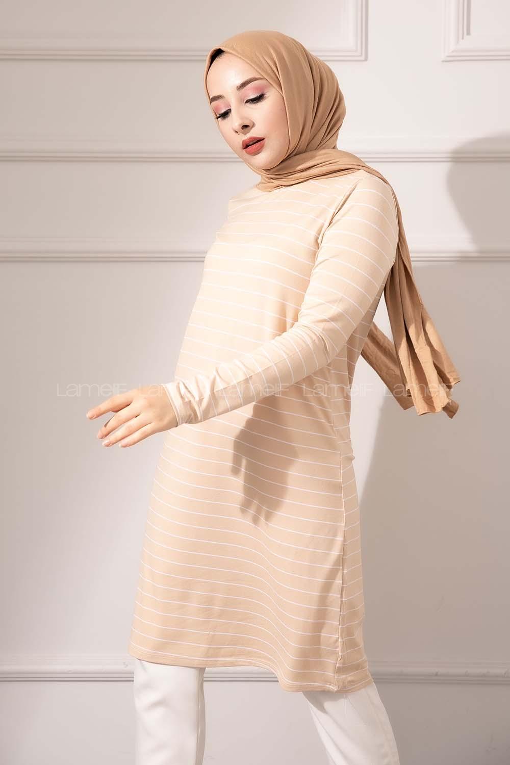 Modalamelif Bisiklet yaka Çizgili Tunik Bej