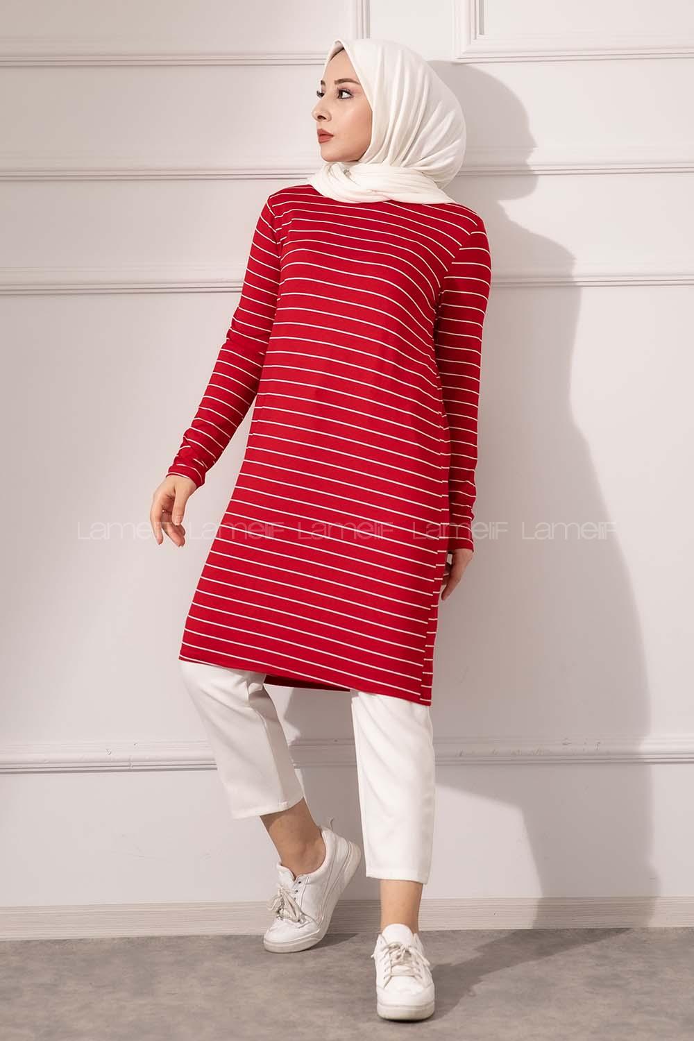 Modalamelif Bisiklet yaka Çizgili Tunik Kırmızı