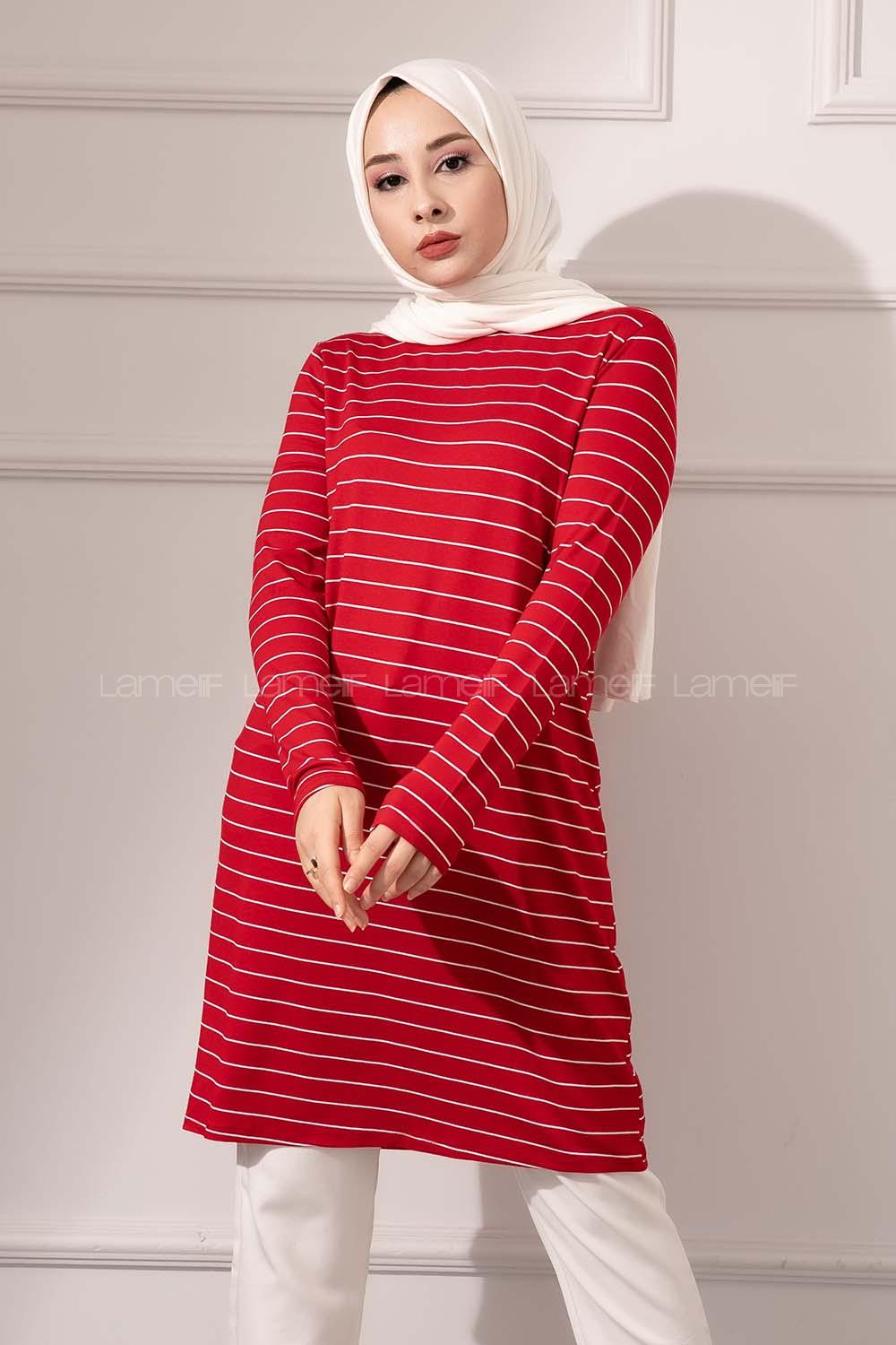 Modalamelif Bisiklet yaka Çizgili Tunik Kırmızı