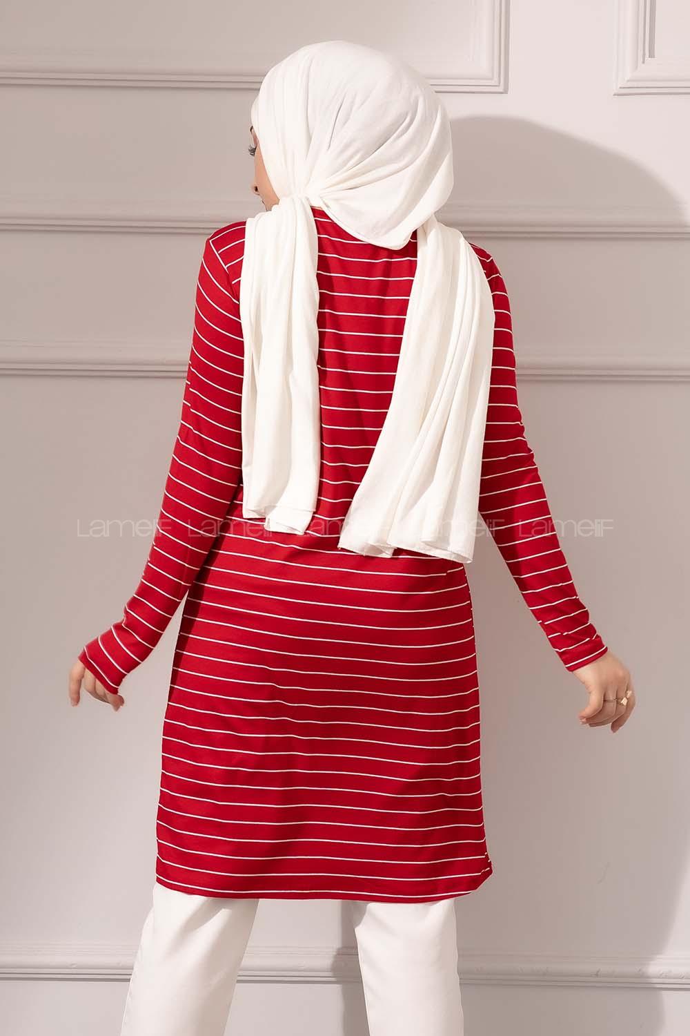 Modalamelif Bisiklet yaka Çizgili Tunik Kırmızı