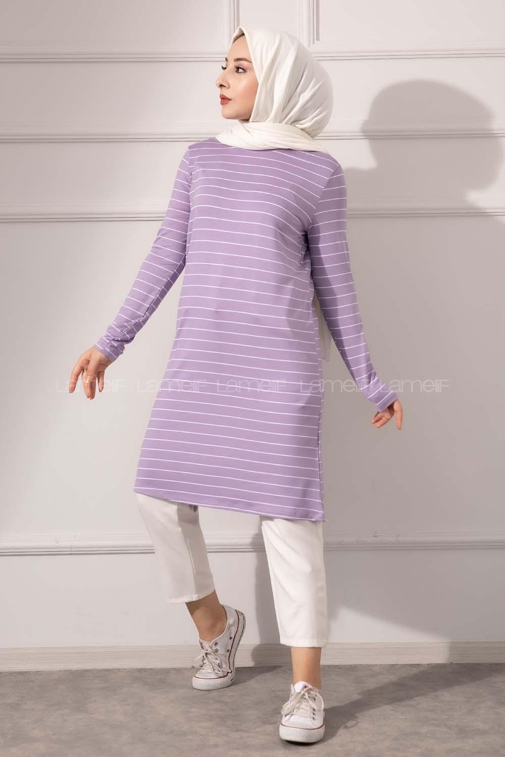 Modalamelif Bisiklet yaka Çizgili Tunik Lila