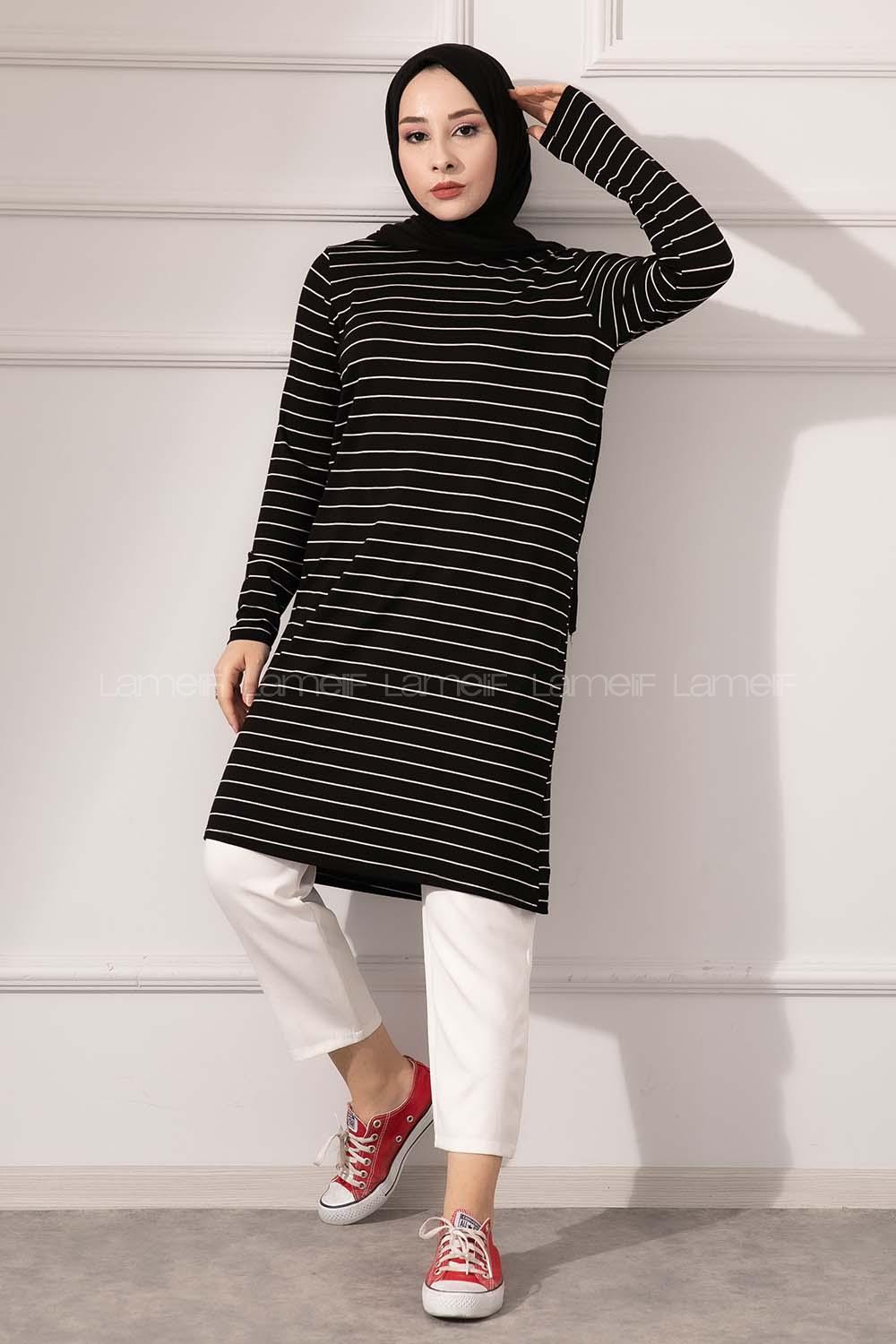 Modalamelif Bisiklet yaka Çizgili Tunik Siyah