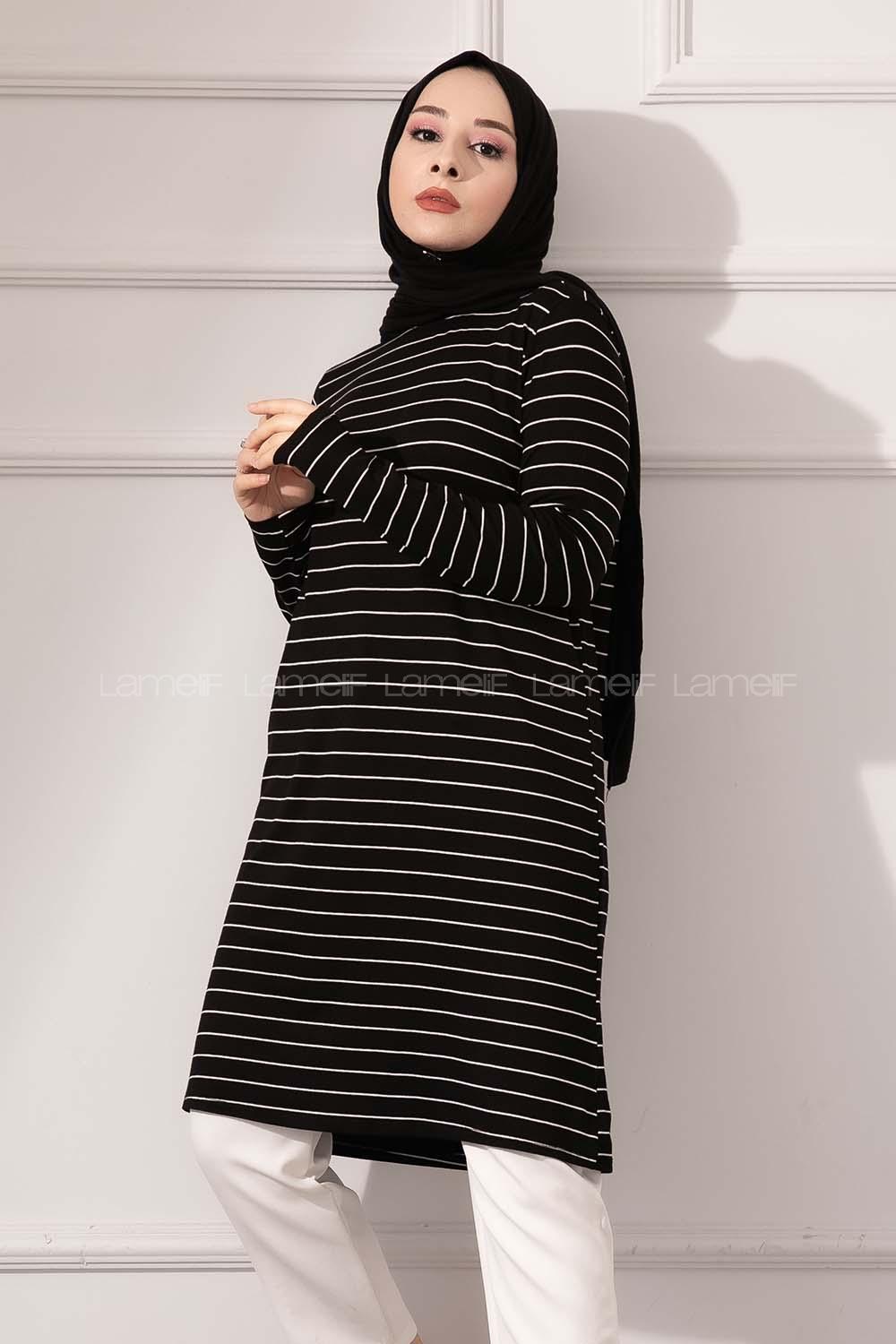 Modalamelif Bisiklet yaka Çizgili Tunik Siyah