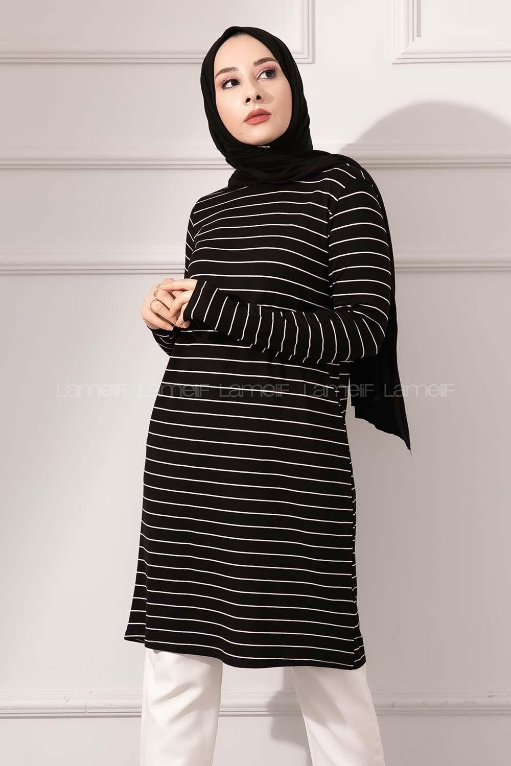 Modalamelif Bisiklet yaka Çizgili Tunik Siyah