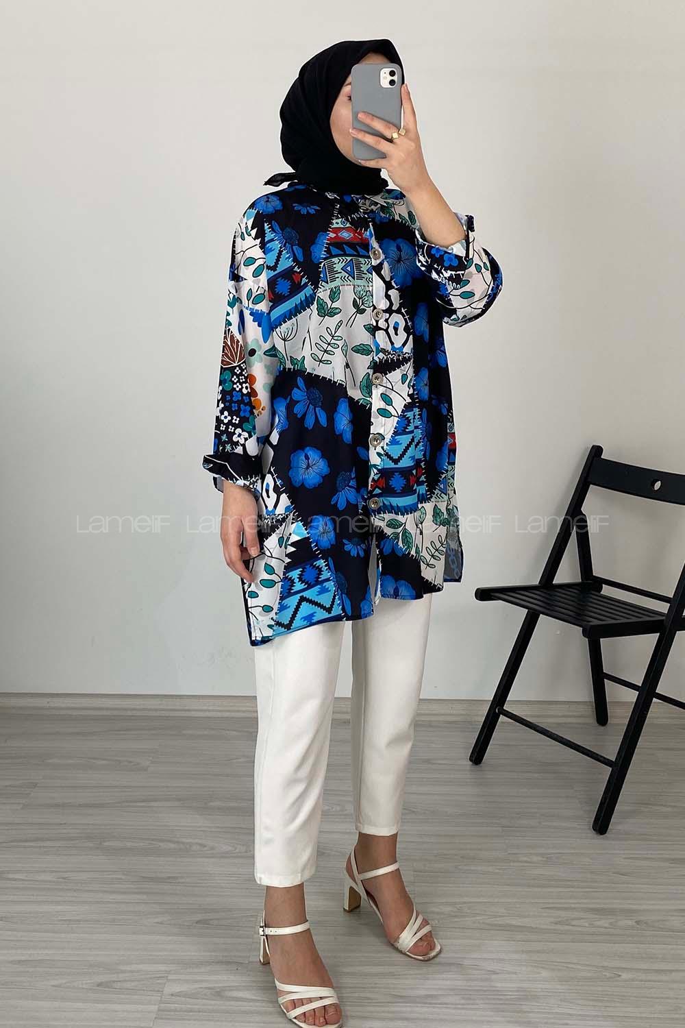 Modalamelif Çiçek Desen Dijital Baskı Gömlek Siyah