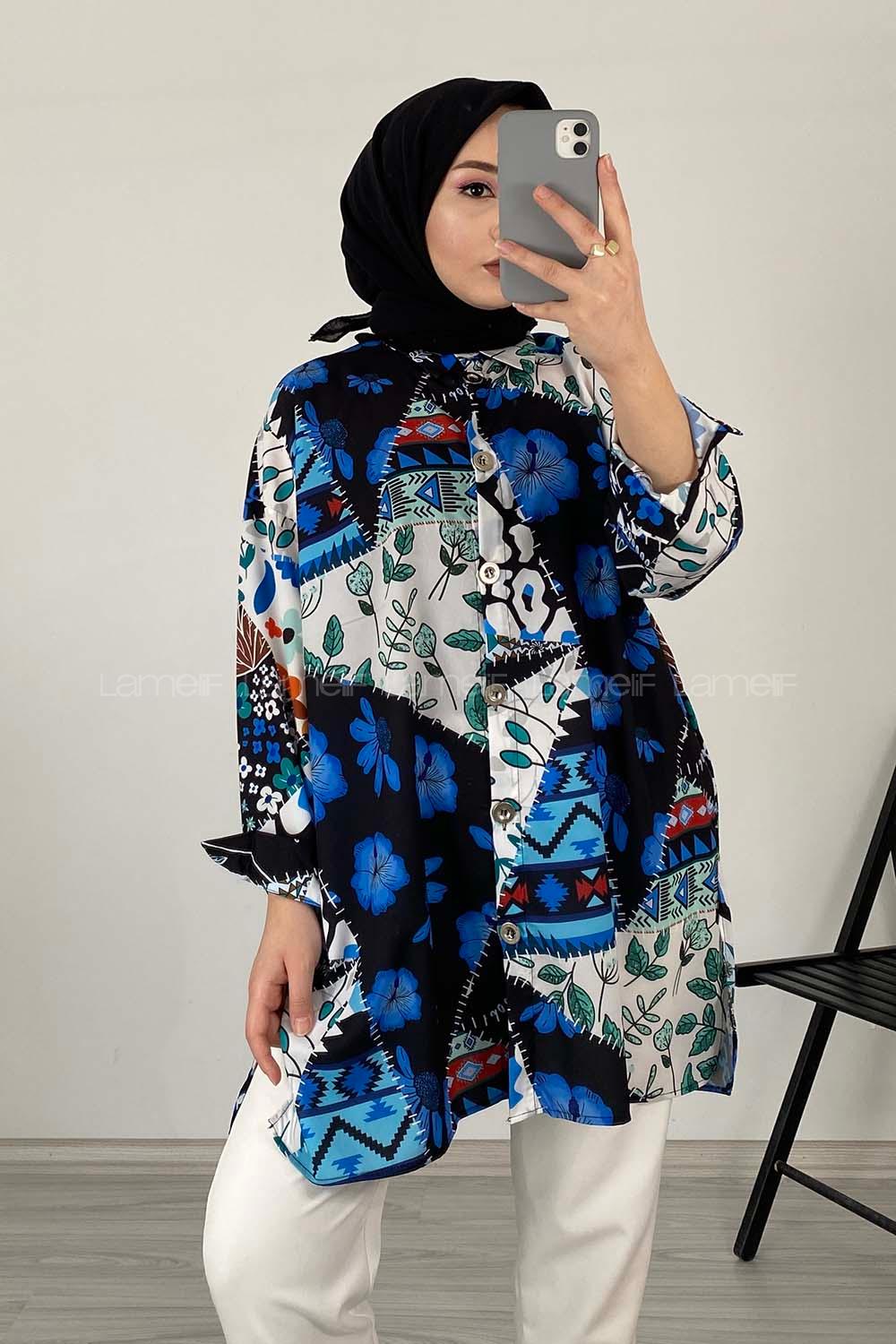 Modalamelif Çiçek Desen Dijital Baskı Gömlek Siyah