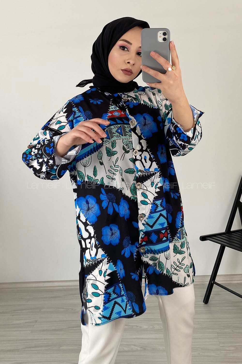 Modalamelif Çiçek Desen Dijital Baskı Gömlek Siyah