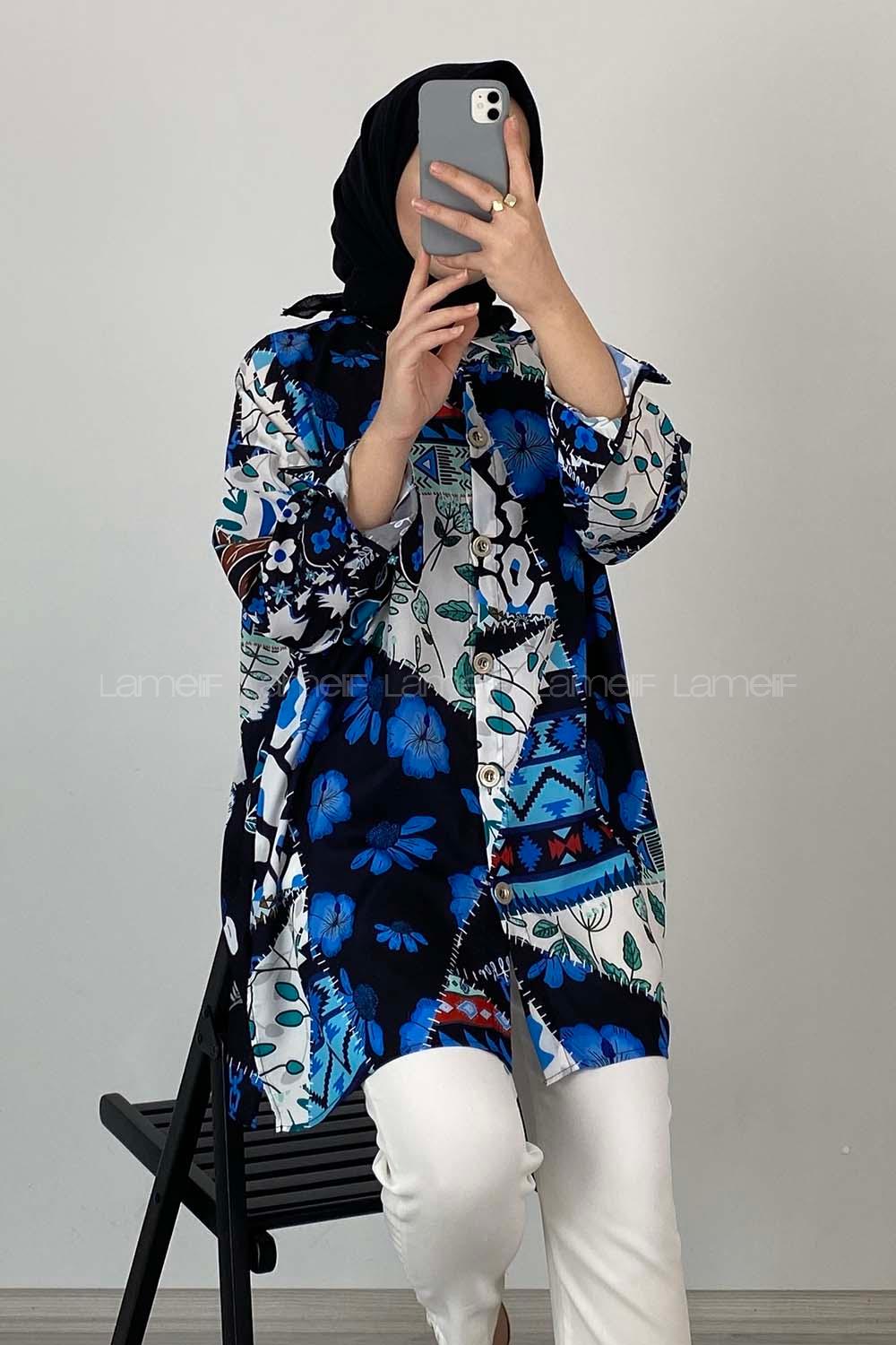 Modalamelif Çiçek Desen Dijital Baskı Gömlek Siyah