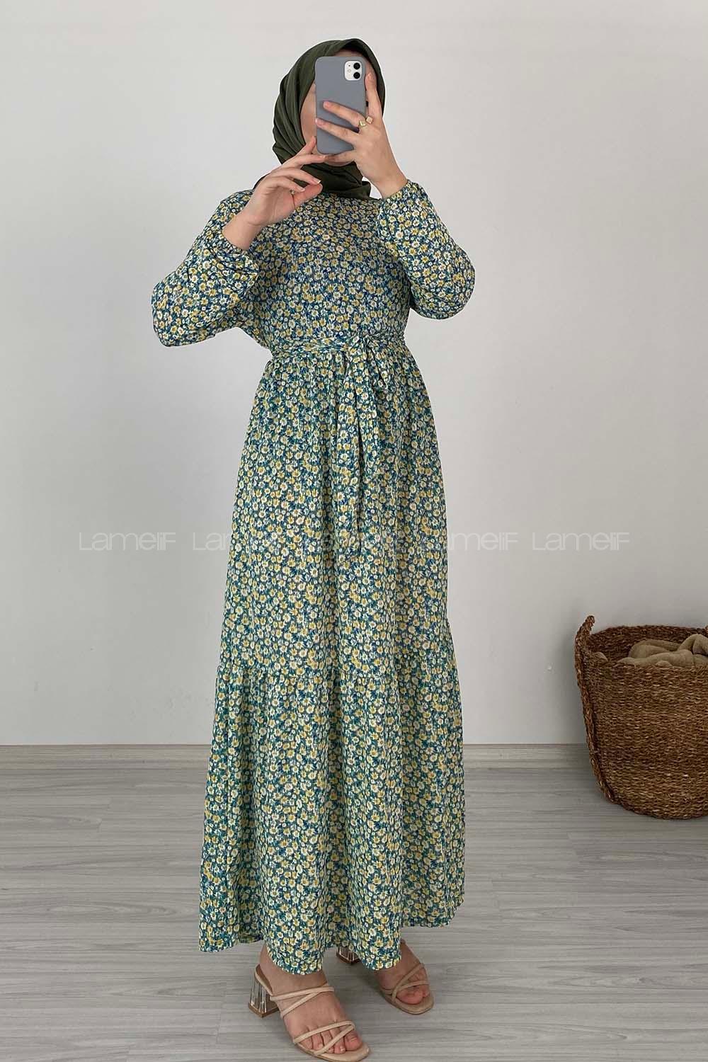 Modalamelif Çiçek Desenli Kaşkorse Elbise Çağla