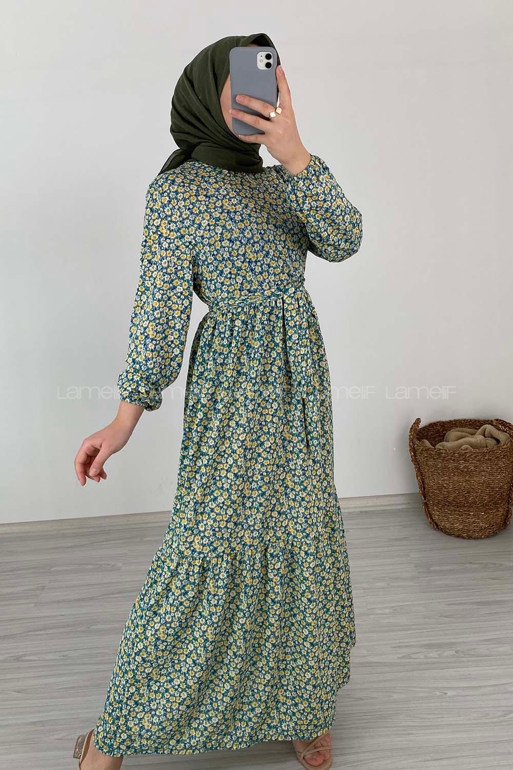 Modalamelif Çiçek Desenli Kaşkorse Elbise Çağla