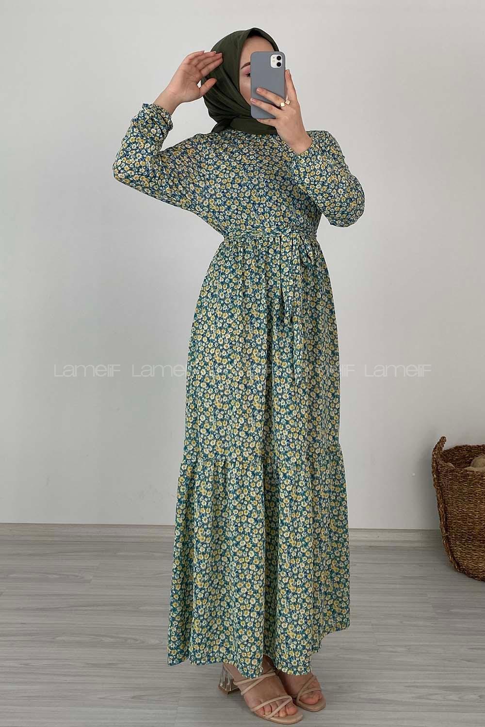 Modalamelif Çiçek Desenli Kaşkorse Elbise Çağla