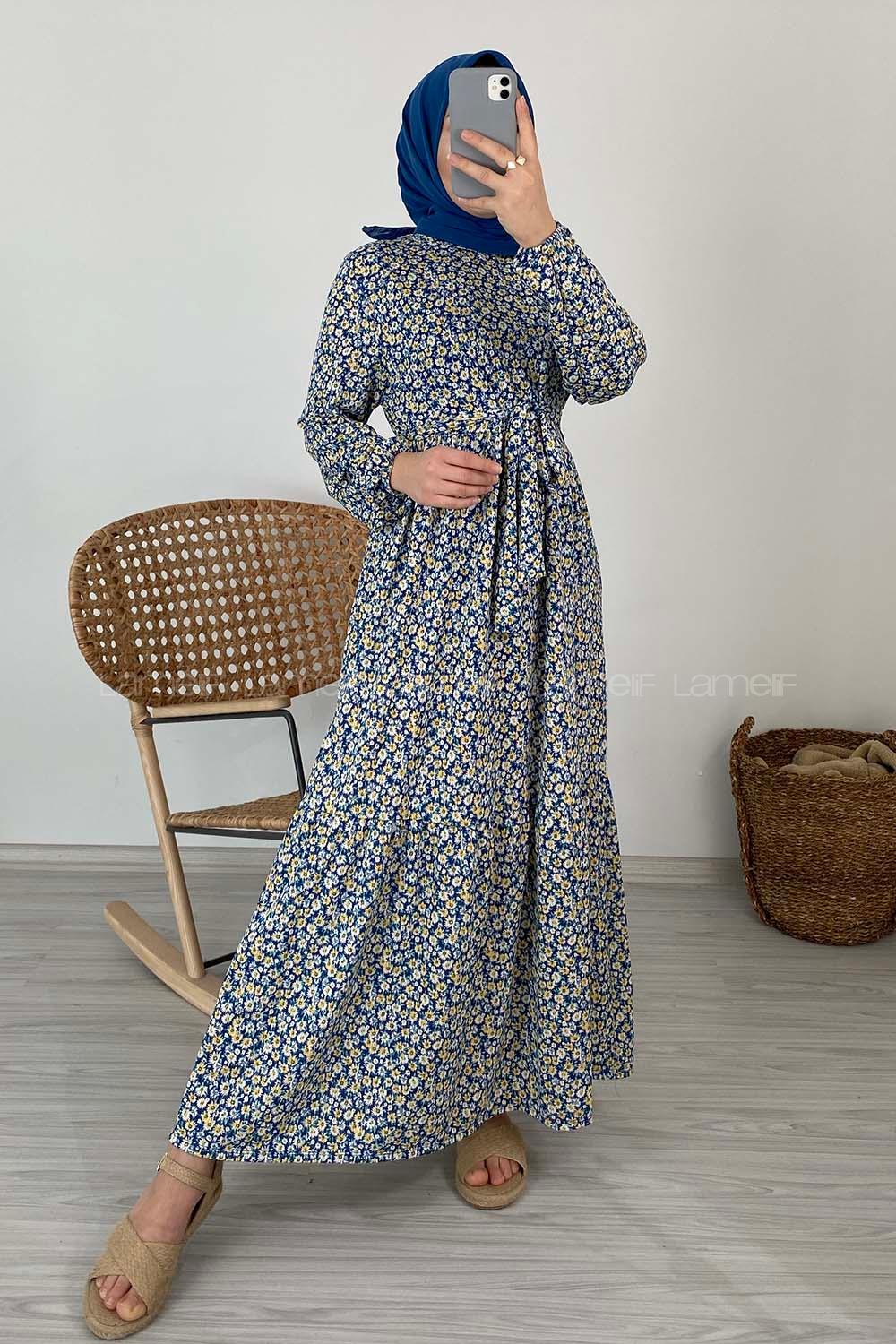 Modalamelif Çiçek Desenli Kaşkorse Elbise Mavi