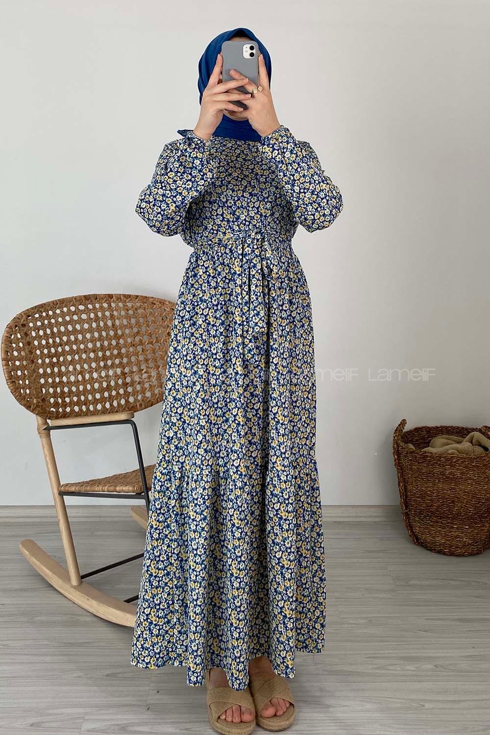 Modalamelif Çiçek Desenli Kaşkorse Elbise Mavi