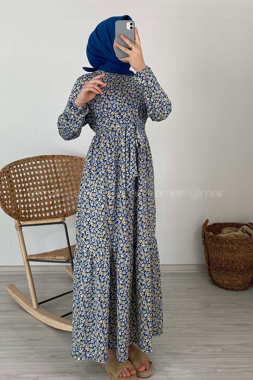 Modalamelif Çiçek Desenli Kaşkorse Elbise Mavi