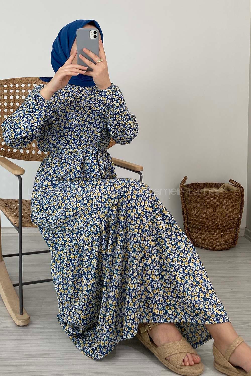 Modalamelif Çiçek Desenli Kaşkorse Elbise Mavi