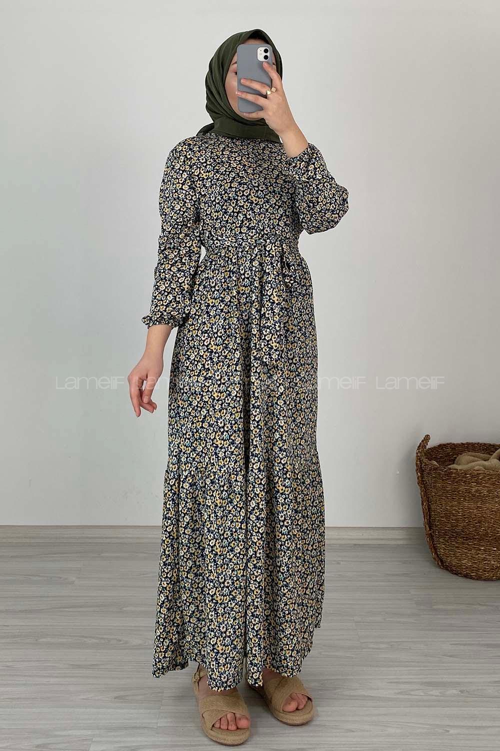 Modalamelif Çiçek Desenli Kaşkorse Elbise Siyah