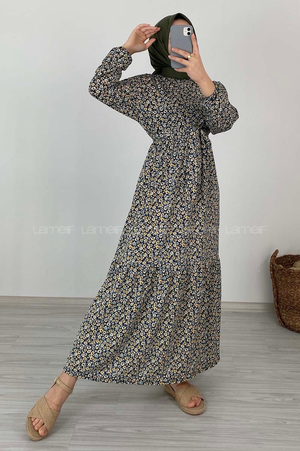 Modalamelif Çiçek Desenli Kaşkorse Elbise Siyah