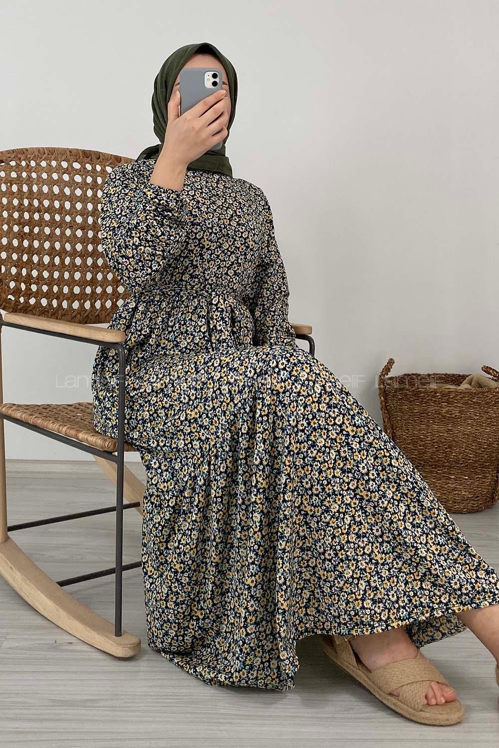 Modalamelif Çiçek Desenli Kaşkorse Elbise Siyah