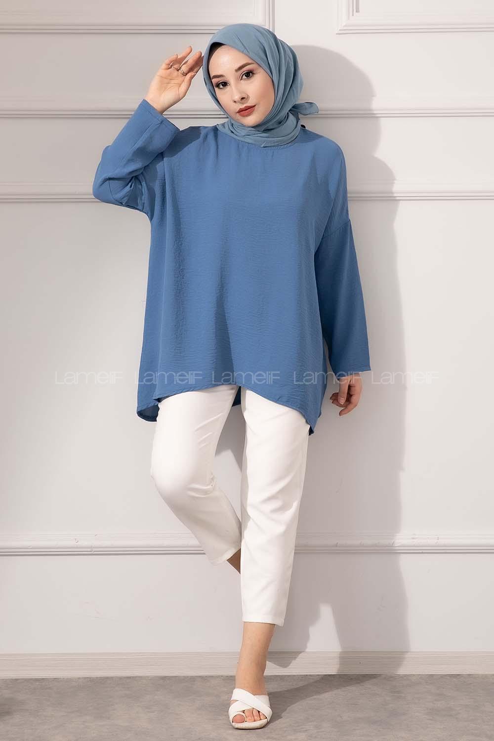 Modalamelif Düşük Kol Ayrobin Bluz İndigo