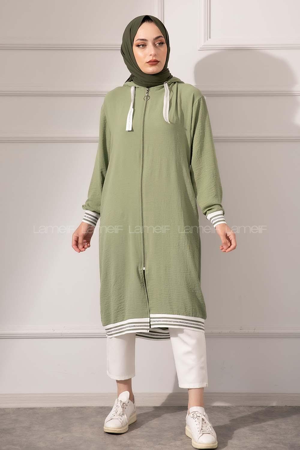 Modalamelif Etek Ucu Şeritli Kapşonlu Tunik Çağla Yeşili