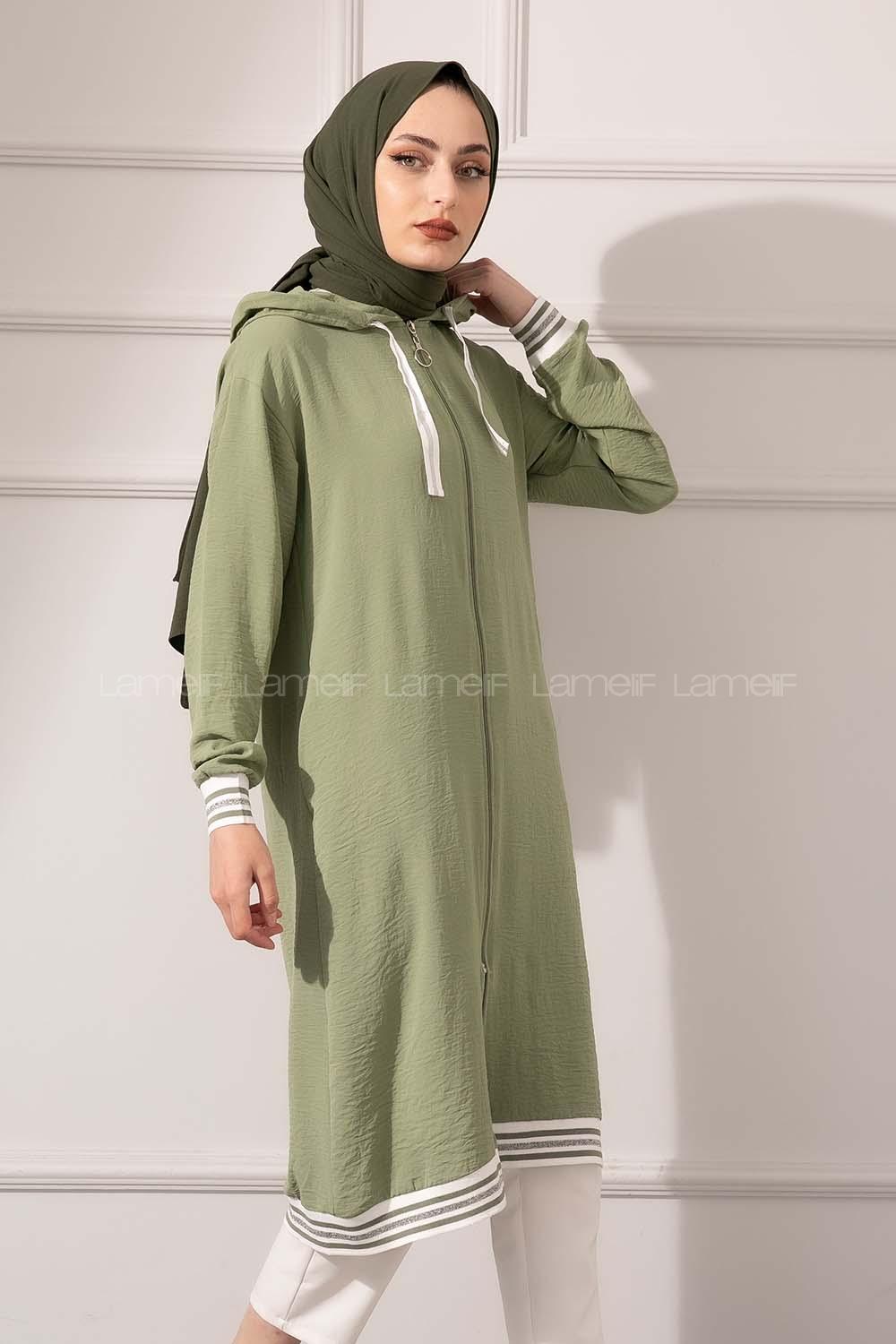 Modalamelif Etek Ucu Şeritli Kapşonlu Tunik Çağla Yeşili