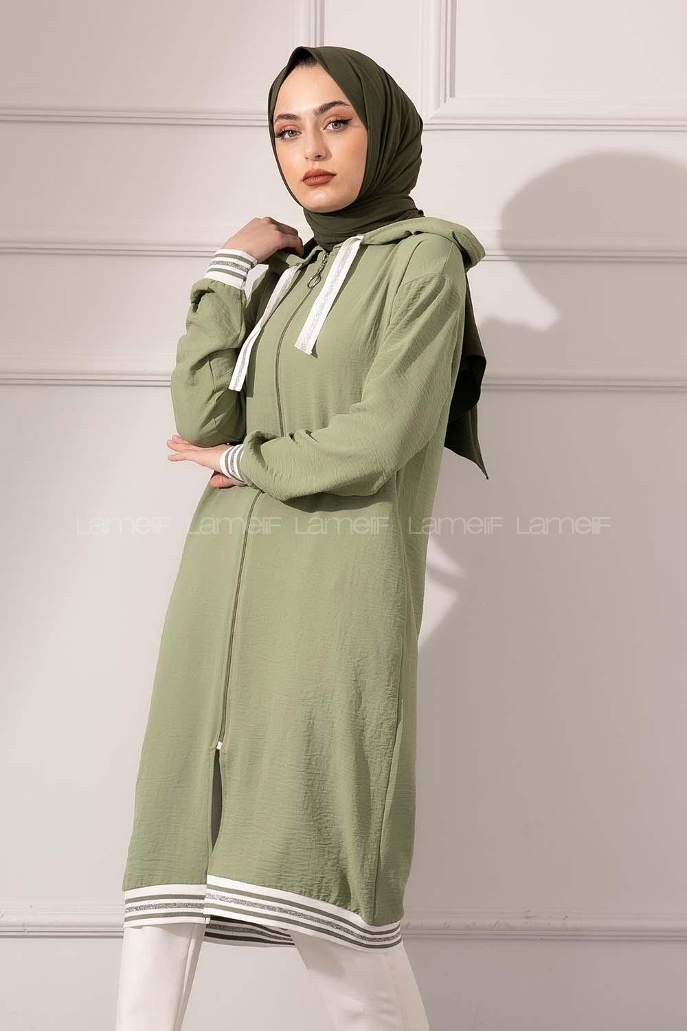 Modalamelif Etek Ucu Şeritli Kapşonlu Tunik Çağla Yeşili