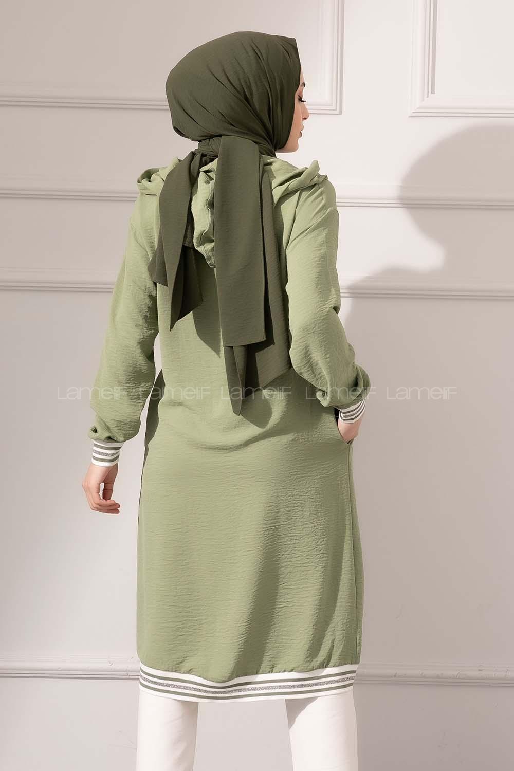 Modalamelif Etek Ucu Şeritli Kapşonlu Tunik Çağla Yeşili