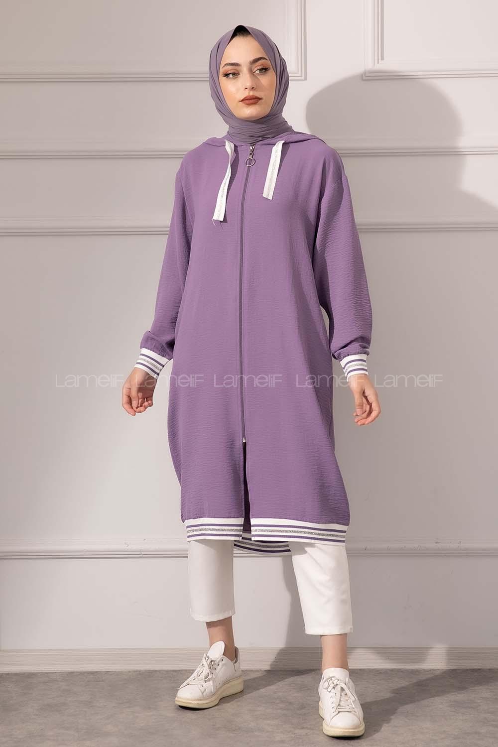 Modalamelif Etek Ucu Şeritli Kapşonlu Tunik Eflatun