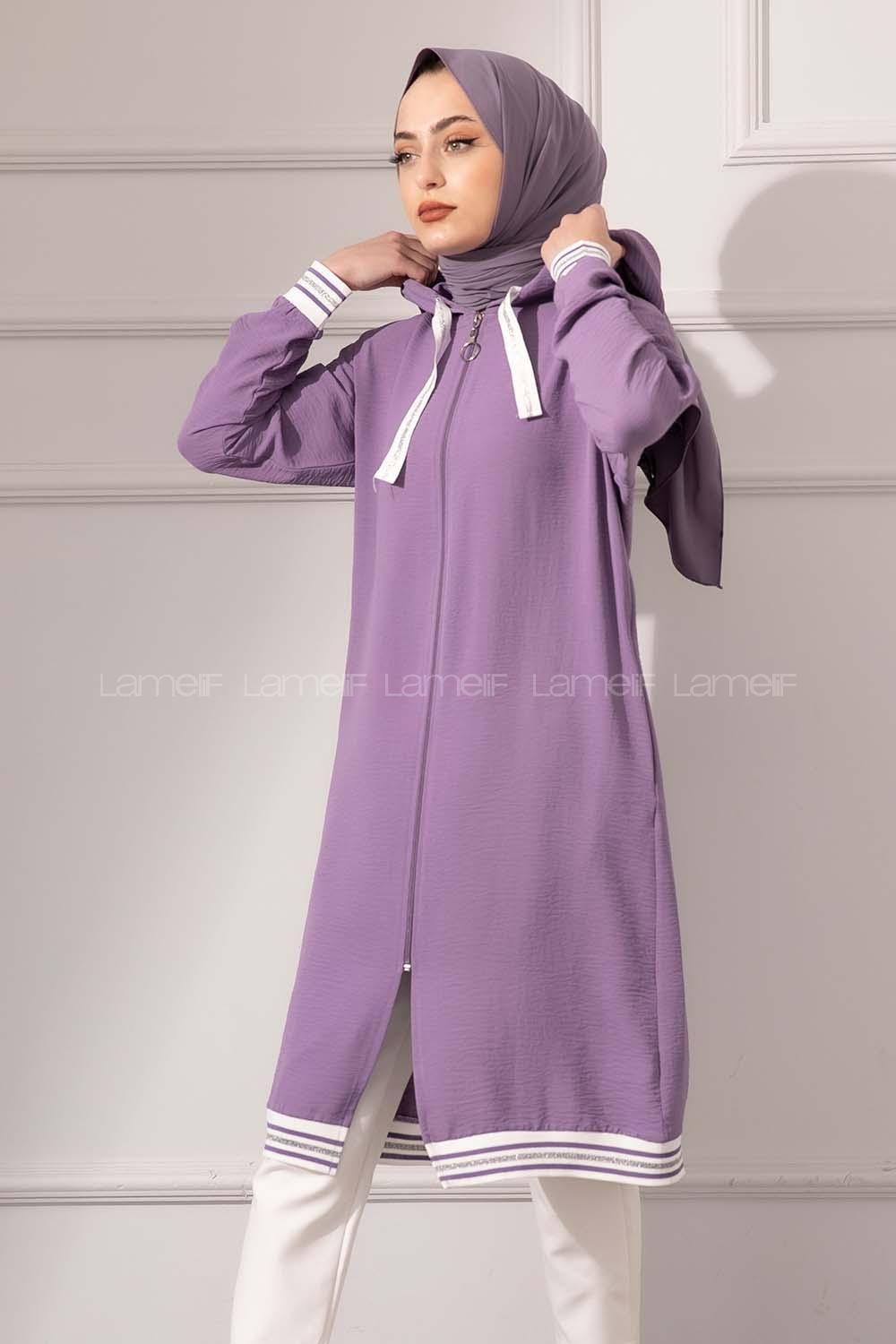 Modalamelif Etek Ucu Şeritli Kapşonlu Tunik Eflatun