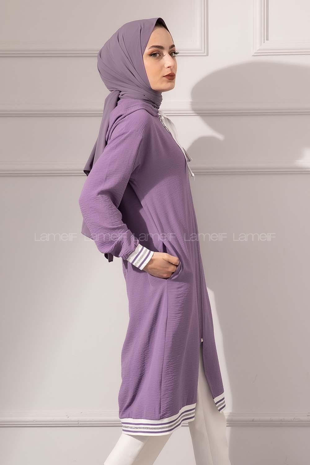 Modalamelif Etek Ucu Şeritli Kapşonlu Tunik Eflatun