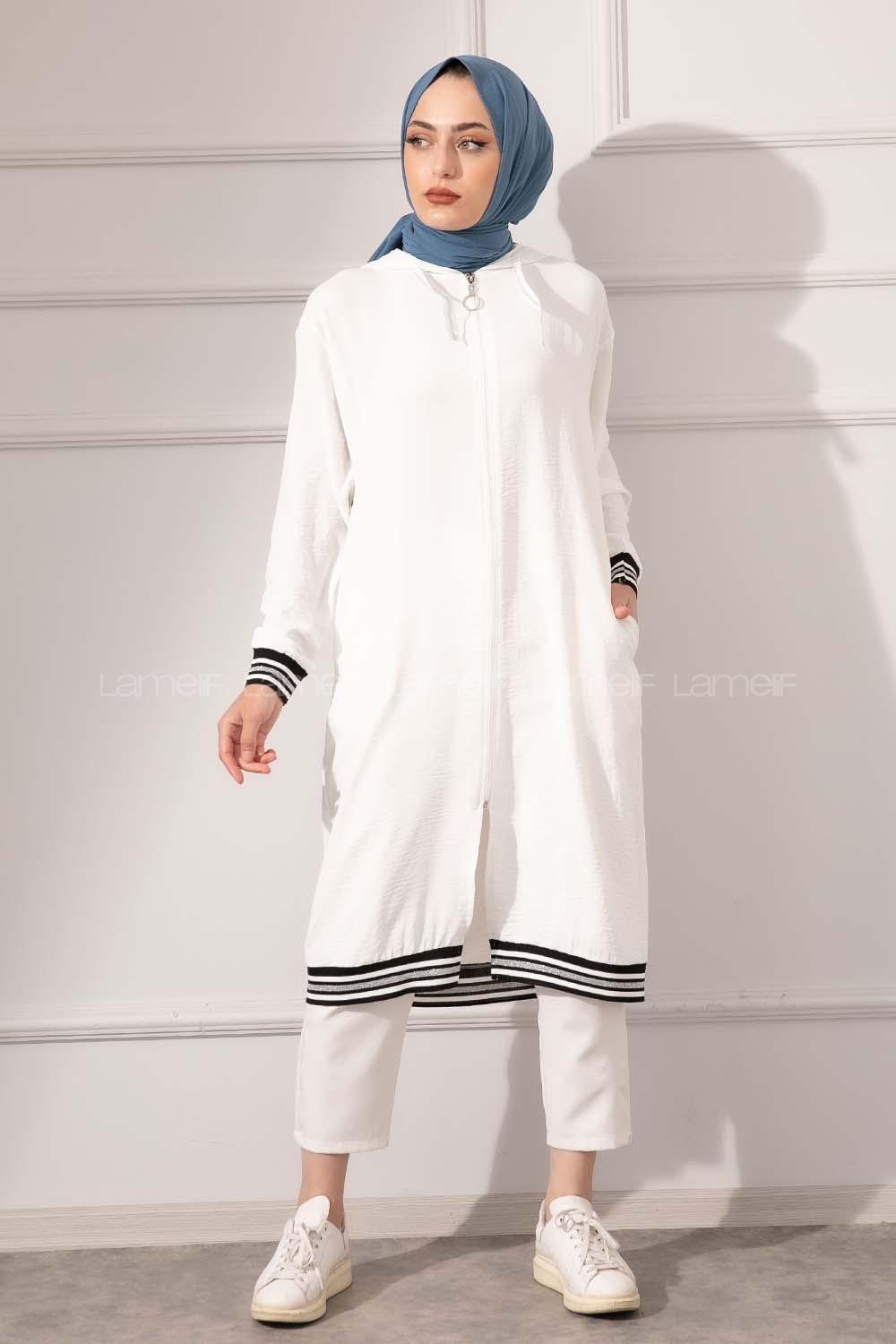 Modalamelif Etek Ucu Şeritli Kapşonlu Tunik Ekru