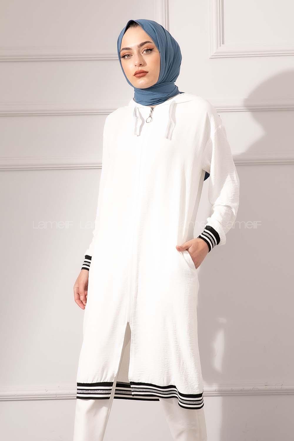 Modalamelif Etek Ucu Şeritli Kapşonlu Tunik Ekru