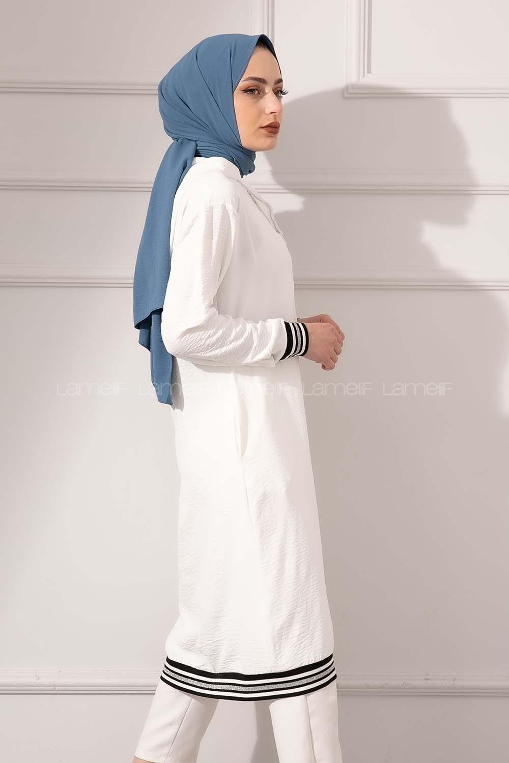 Modalamelif Etek Ucu Şeritli Kapşonlu Tunik Ekru