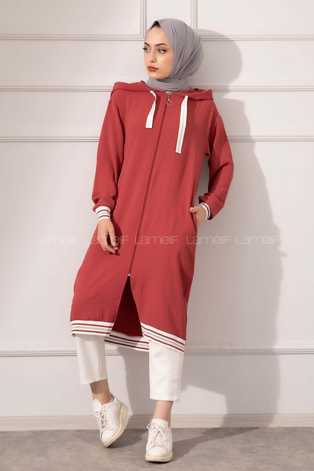 Modalamelif Etek Ucu Şeritli Kapşonlu Tunik Koyu Pembe