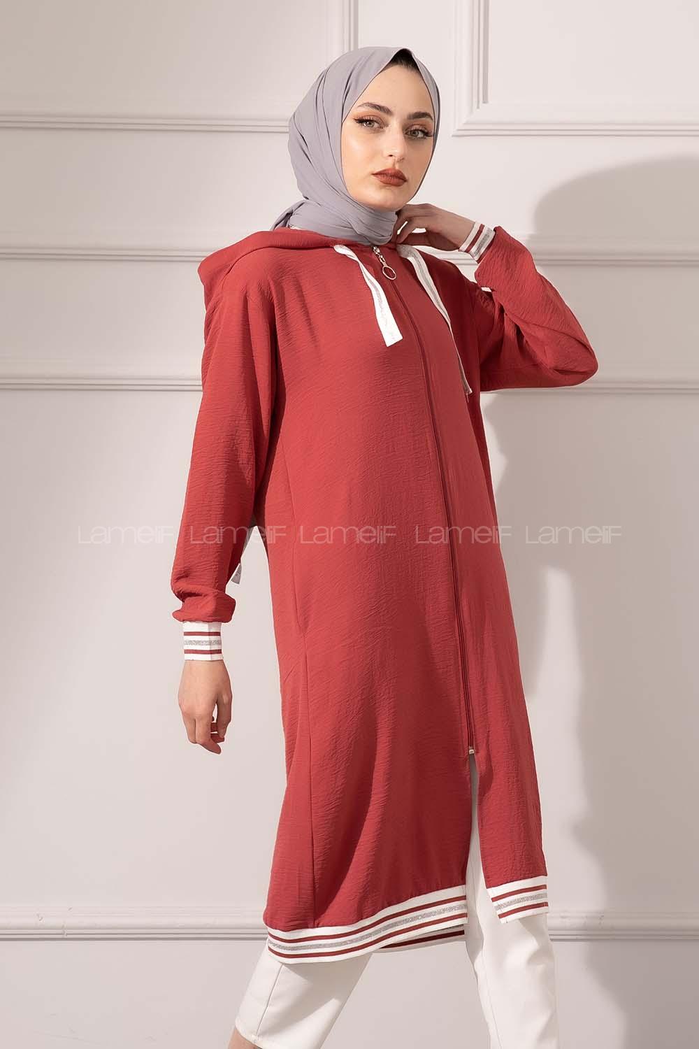 Modalamelif Etek Ucu Şeritli Kapşonlu Tunik Koyu Pembe