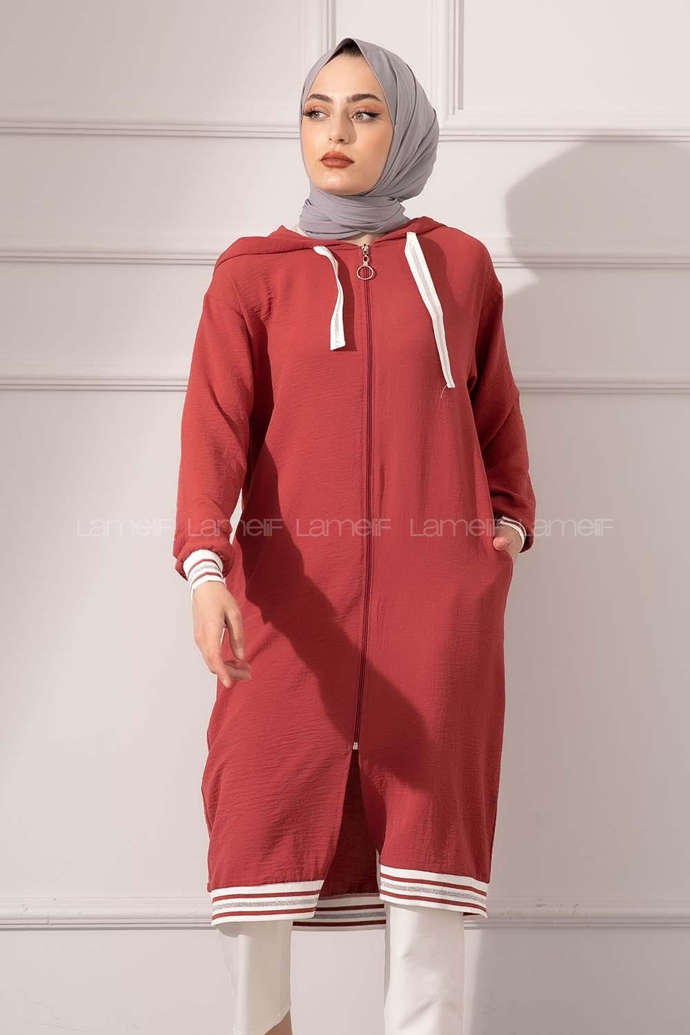 Modalamelif Etek Ucu Şeritli Kapşonlu Tunik Koyu Pembe