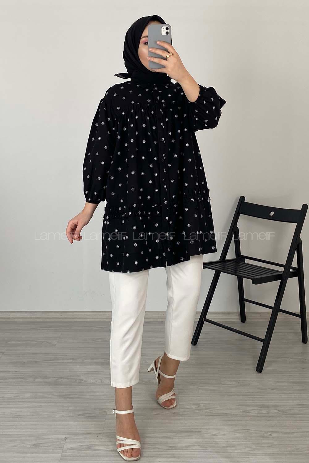 Modalamelif Fırfırlı Desenli Gömlek Siyah