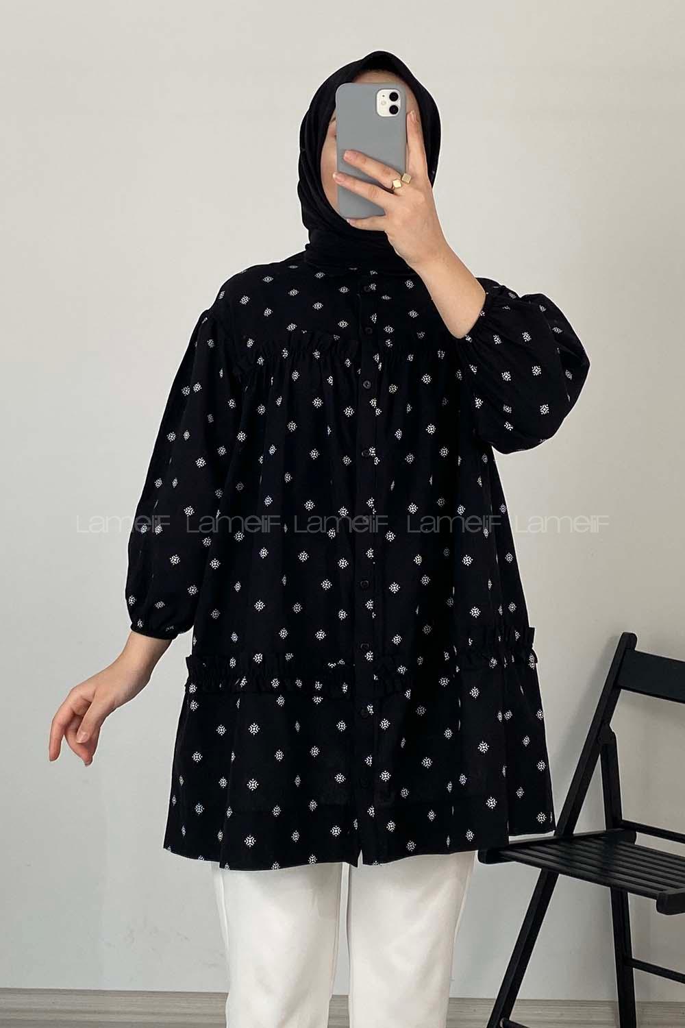 Modalamelif Fırfırlı Desenli Gömlek Siyah