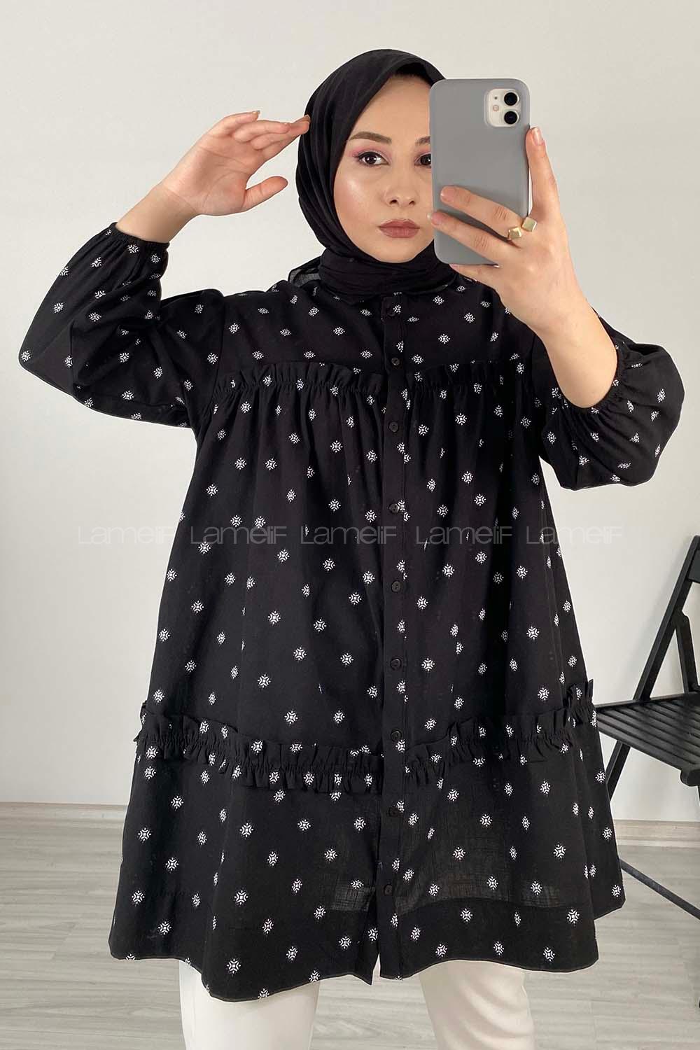 Modalamelif Fırfırlı Desenli Gömlek Siyah