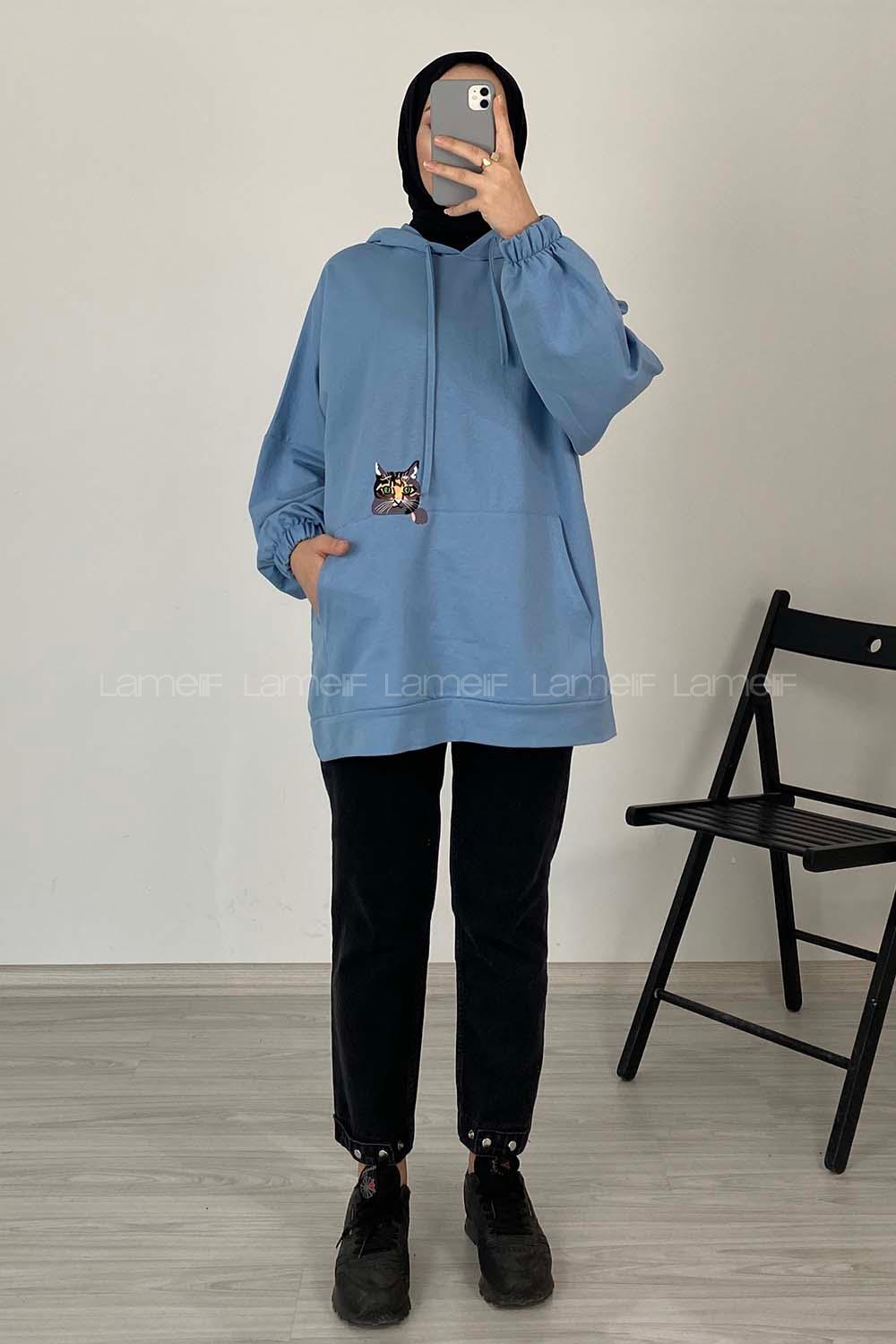 Modalamelif Kedi Nakışlı Sweatshirt Açık Mavi