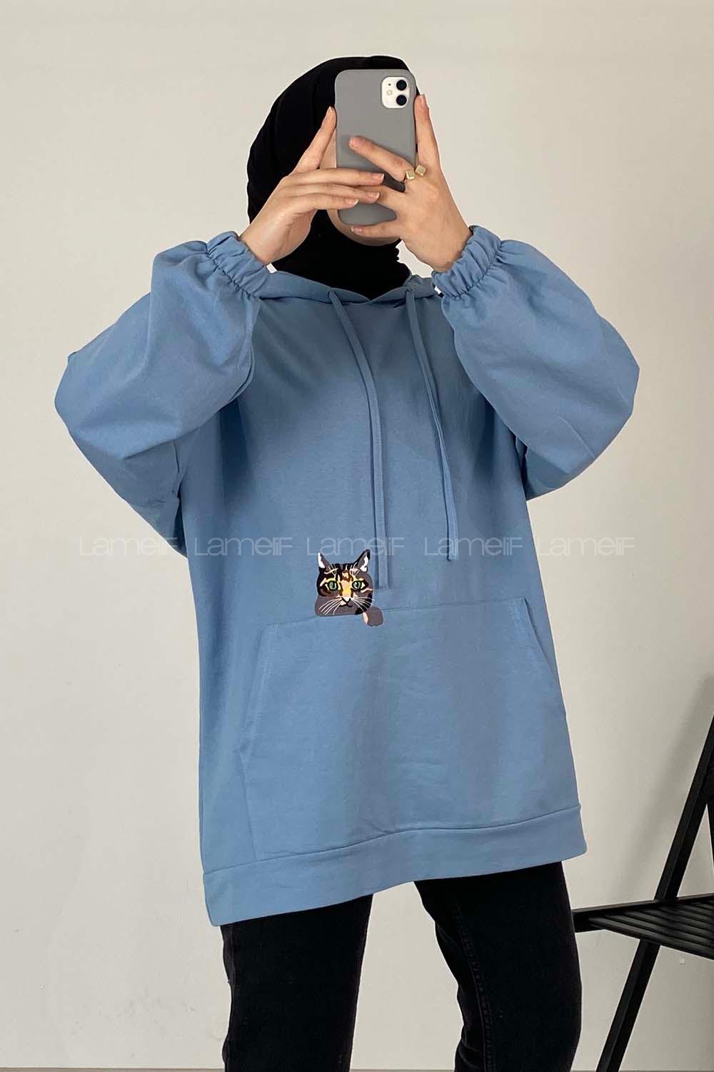 Modalamelif Kedi Nakışlı Sweatshirt Açık Mavi