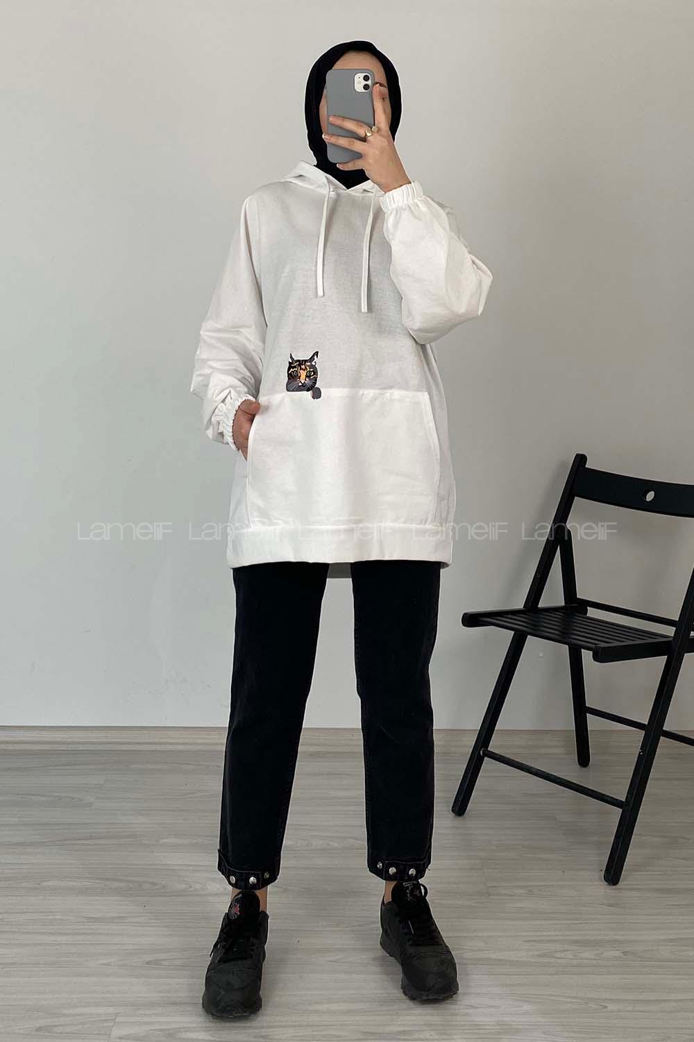 Modalamelif Kedi Nakışlı Sweatshirt Beyaz