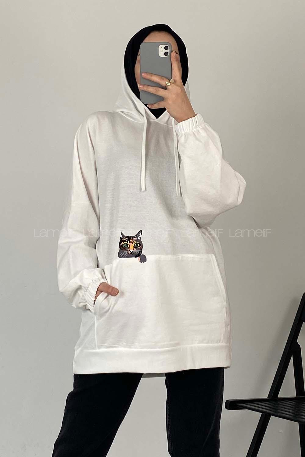 Modalamelif Kedi Nakışlı Sweatshirt Beyaz