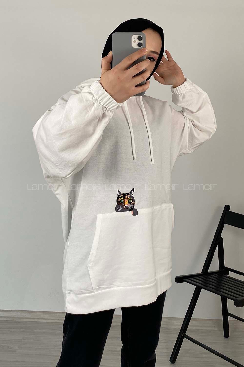 Modalamelif Kedi Nakışlı Sweatshirt Beyaz