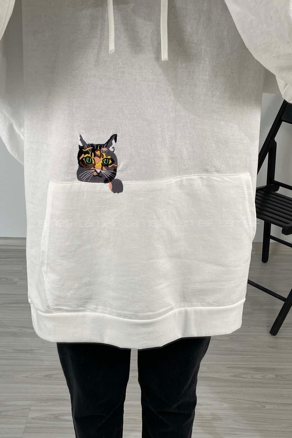 Modalamelif Kedi Nakışlı Sweatshirt Beyaz