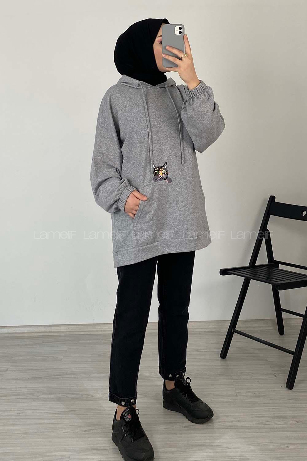 Modalamelif Kedi Nakışlı Sweatshirt Gri