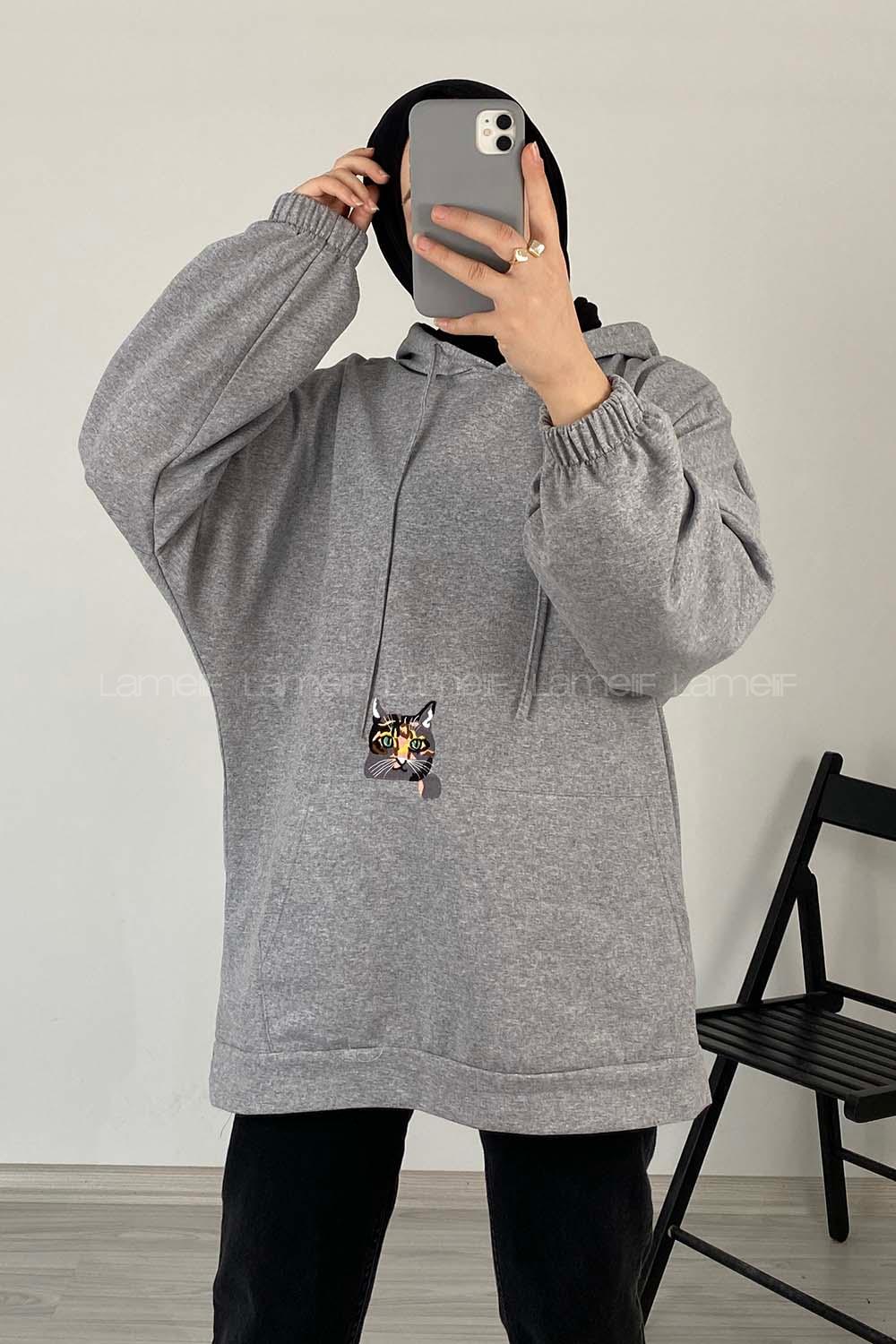 Modalamelif Kedi Nakışlı Sweatshirt Gri