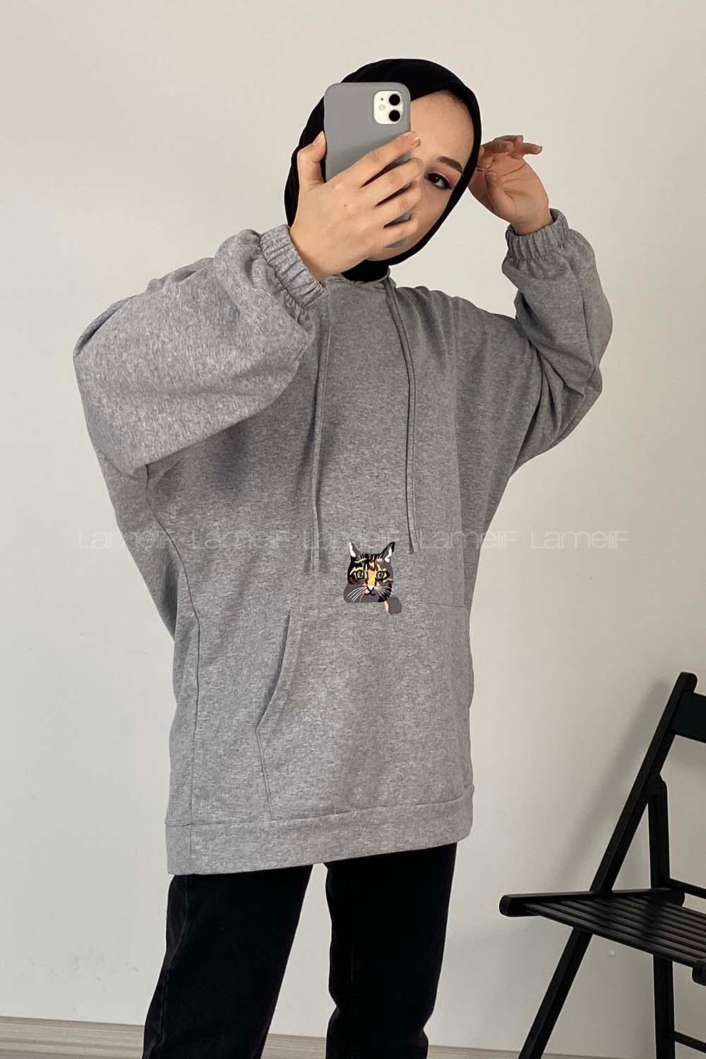 Modalamelif Kedi Nakışlı Sweatshirt Gri
